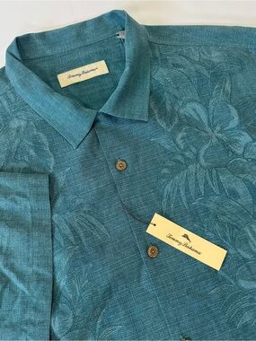 Tommy Bahama Kamari Border Camp Shirt in Hydro Blue 100% Silk Golf Beach NWT